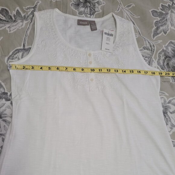 Chico's Off White Cotton Tank w/Embroidery & Button Detail Medium NWT - Picture 7 of 8